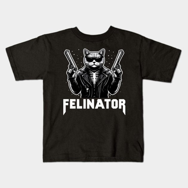 Felinator, cat terminator funny graphic t-shirt for sci-fi cyborg fans, cat lovers and gun enthusiasts. Kids T-Shirt by Cat In Orbit ®